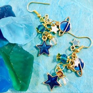 Stars & Saturn Charm Cluster Earrings Gold tone